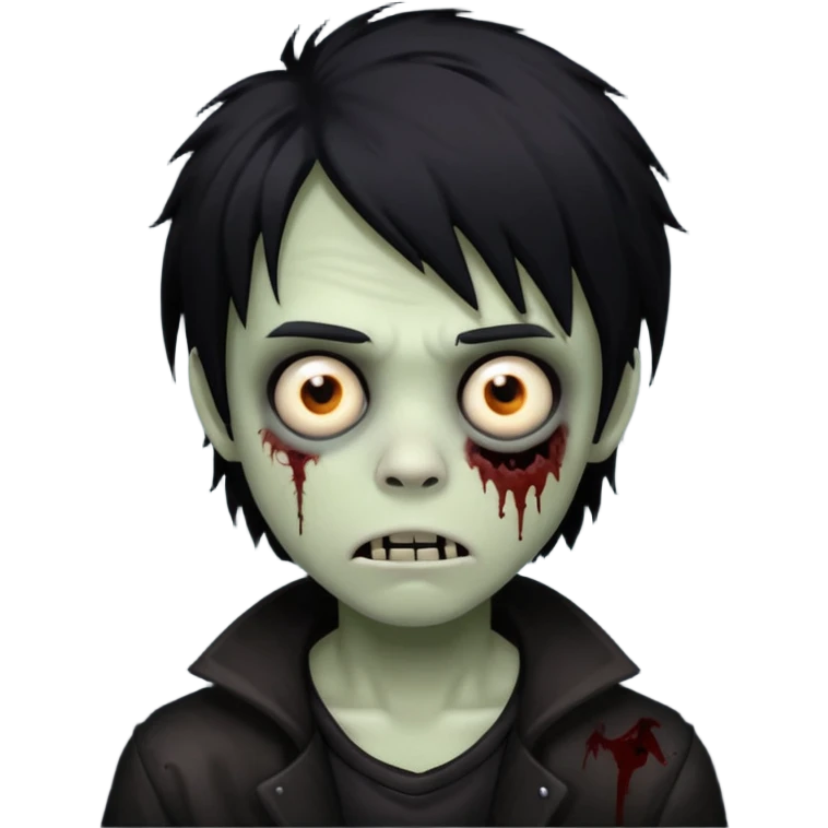 boy zombie with black medium-long emo shaggy hair, dark and spooky, creepy expression emoji