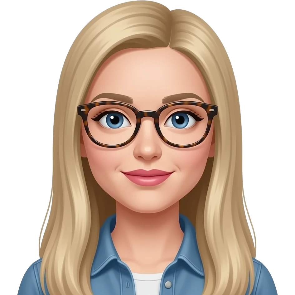 woman with long dirty blond very straight hair, tortise shell glasses, pink lips, and blue eyes emoji