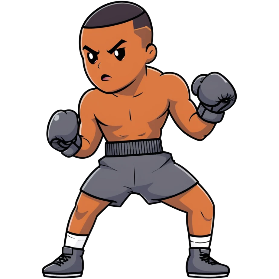 Full body view of a young 19-year-old lightweight Black male boxer in fighting stance, lean athletic physique, boxing gloves raised emoji
