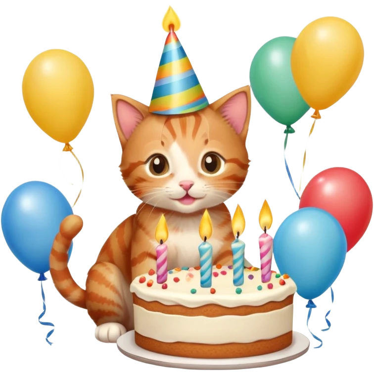 Ginger tabby kitten celebrates birthday, birthday hat, birthday cake, one candle, balloons, happy, gifts emoji