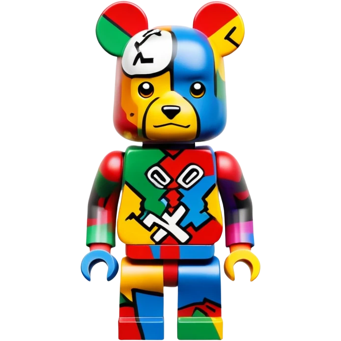 Lego bearbrick covered in colorful graffiti art, X symbols for eyes, blocky Lego aesthetic, spray paint style emoji