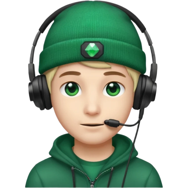 garcon avec un bonnet avec un emeraude dessus et un casque gaming emoji