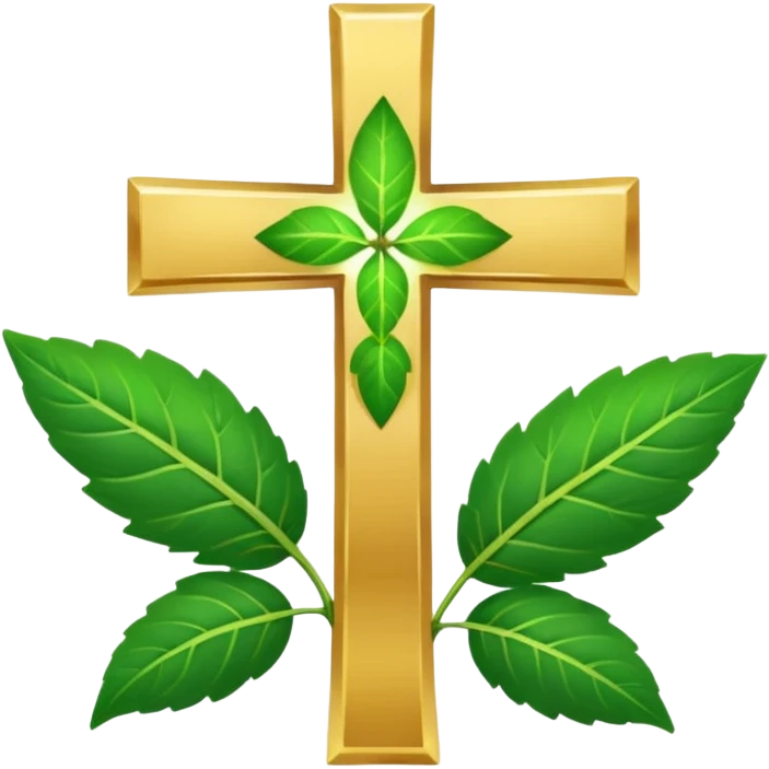 "A clean, friendly emoji of three vibrant green Tulsi (Holy Basil) leaves centered over a small, glowing golden cross or 'plus' sign, symbolizing healing. Simple, flat, 32x32 pixel icon style. Transparent background. Icon for natural healing and wellness." emoji