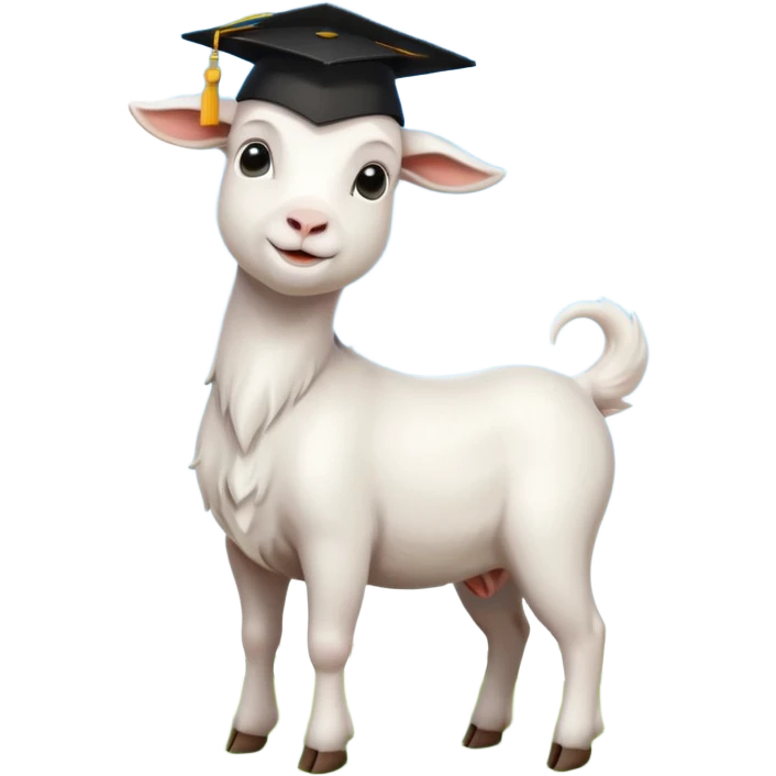 proud confident white goat emoji with black graduation cap, standing on green grass, blue sky background emoji