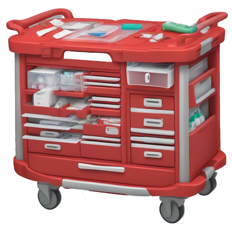 Singular Red medical crash cart is a mobile, multi-drawer unit designed to store and organize emergency medical supplies and equipment emoji