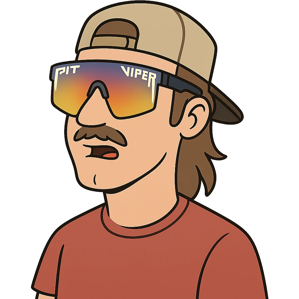 flat toon style guy with mullet and baseball cap, wearing polarized Pit Viper glasses emoji