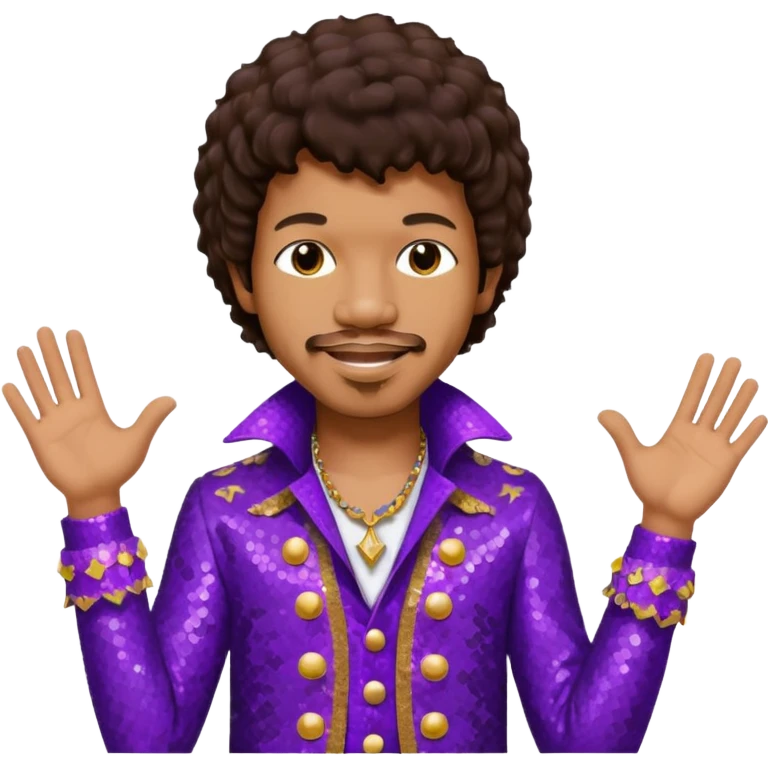 Jimi Hendrix with dark brown hair, purple sequin outfit emoji