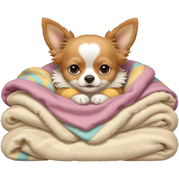 Long haired chihuahua, beige, no white on head, with white chest and white socks, sleeping cutely under blanket emoji