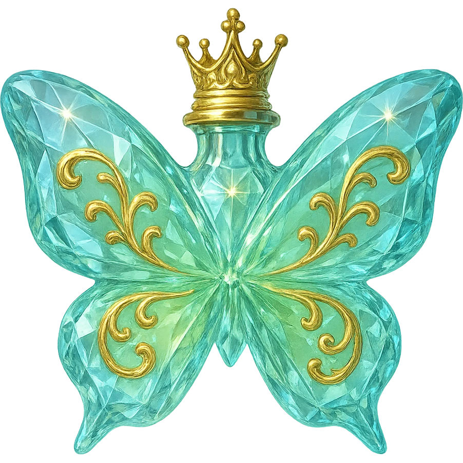 Make the neck of the crystal butterfly-shaped bottle smaller and shorter for a subtle look. Add a small, elegant princess crown as the stopper on top. Keep the bottle crystal clear with golden details, predominantly light green (#c0ff53) and blue colors. The background should be transparent with a beautifully blended bottom and the bottle appearing to float in the air. The design should be bright, fantasy style, without any base or shadow. emoji