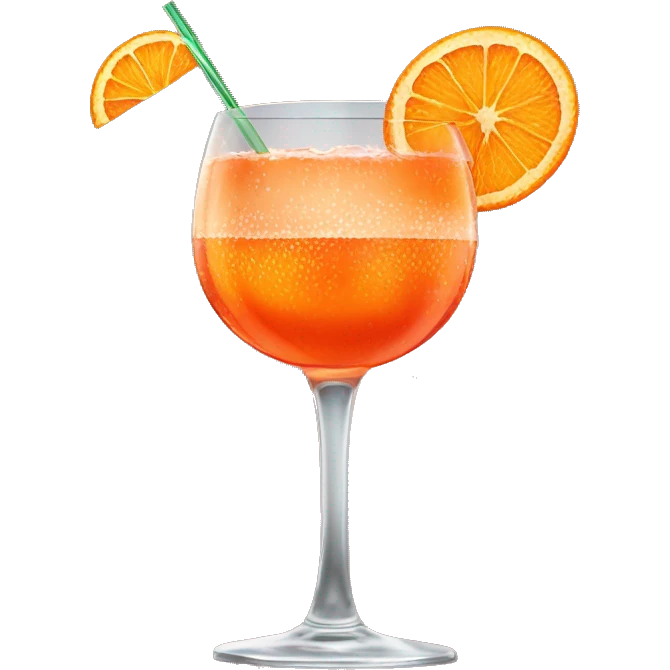A whine glass which contains a kinda orange looking fizzy cocktail with an slice orange stuck ontop it’s called aperol spritz emoji