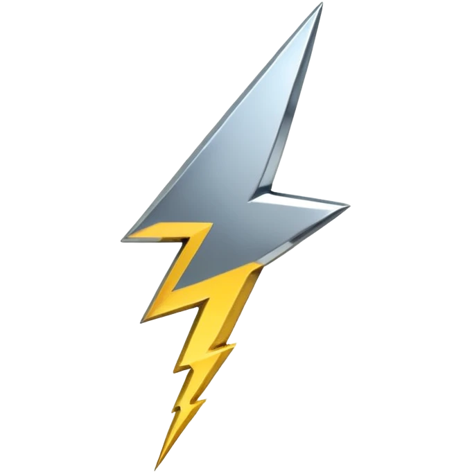 A lightning bolt emoji made of polished silver chrome, sharp yet rounded edges, glossy metallic surface, soft reflections, minimal futuristic design, iOS emoji style, centered, clean white background emoji