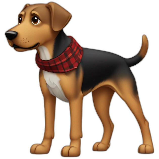 adult 75% Coonhound 25% German Shepherd mix dog with visible tail wearing small pointed red buffalo plaid bandana full body walking left quickly emoji