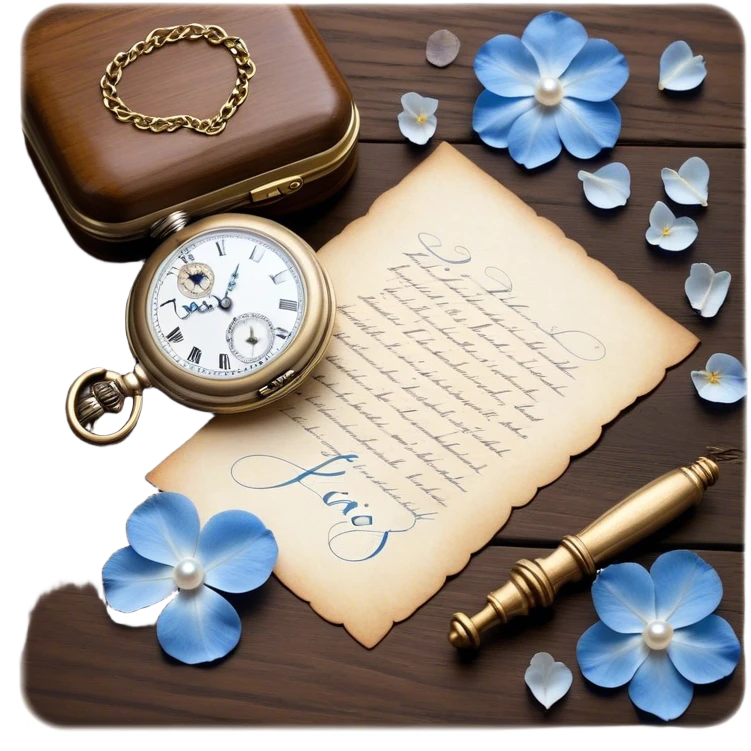 An elegant still life of a vintage pocket watch with an engraved case, lying next to a faded love letter sealed with a pearl wax stamp, surrounded by delicate white and blue floral petals.
 emoji