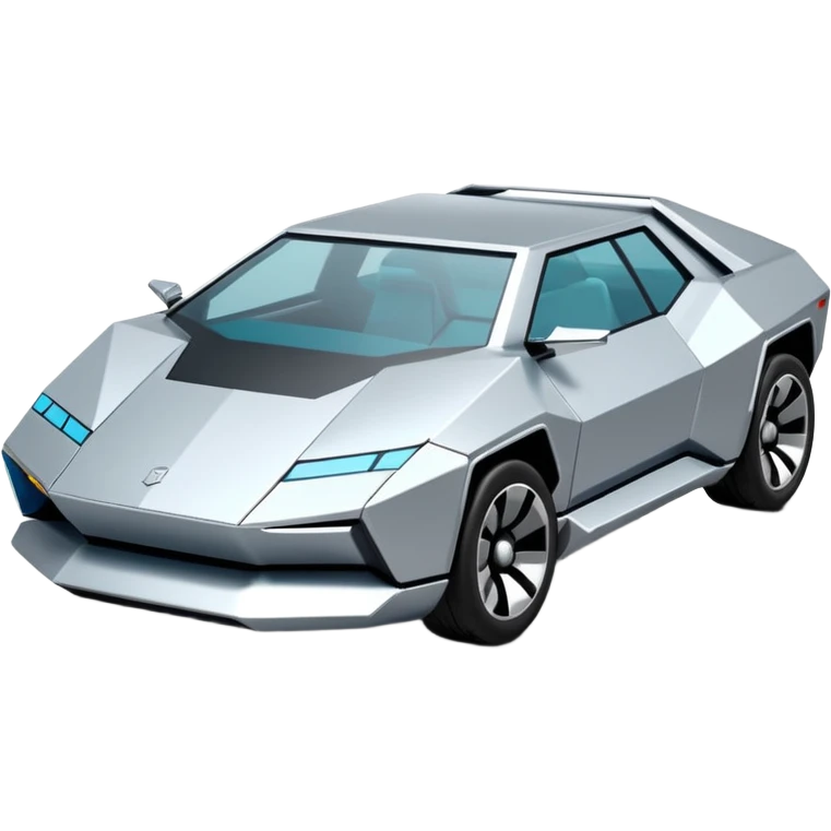 A futuristic chrome car emoji, sharp geometric body design inspired by cybertruck aesthetics, smooth silver metallic surface, matte and glossy chrome mix, minimal details, soft reflections, clean edges, iOS emoji style, centered, clean white background, soft studio lighting, no text emoji