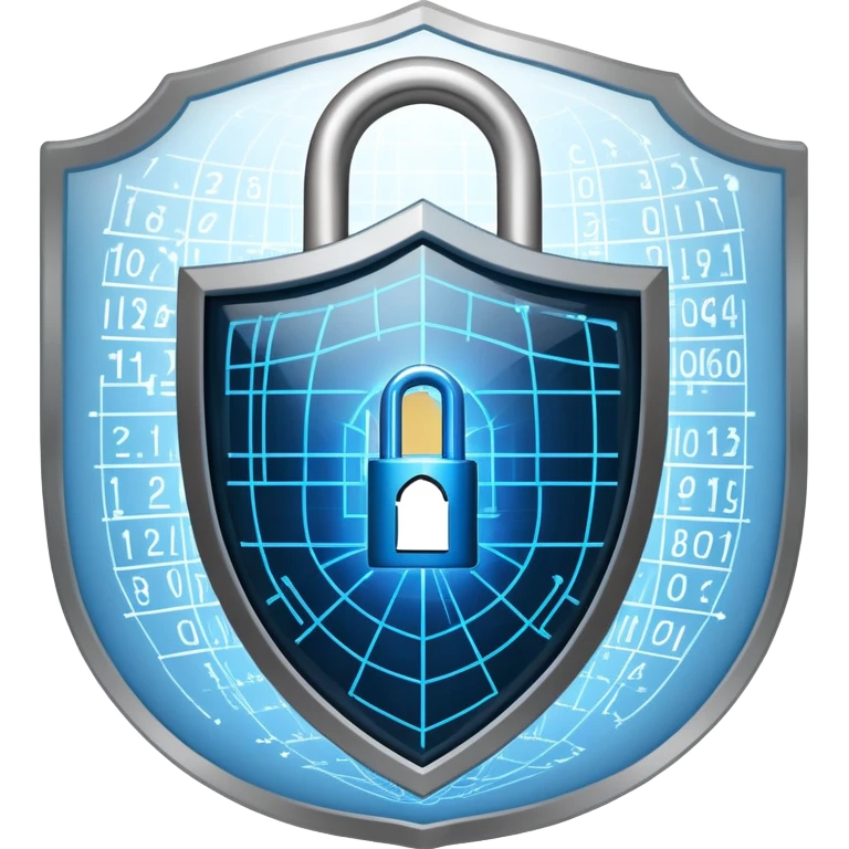 An icon featuring a shield with a padlock, a digital network grid, and binary code, symbolizing cybersecurity. The design includes a hacker’s silhouette, a firewall, and encrypted data flow, representing protection against cyber threats. Transparent background highlights digital security. emoji