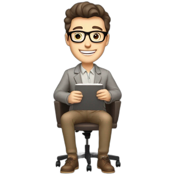 Joyful Celebrating victory Pale skinned Fit Man With dark brown hair in gray jacket, beige office shirt, Brown pants and vintage glasses sitting In a soft chair with a notebook and a pen emoji
