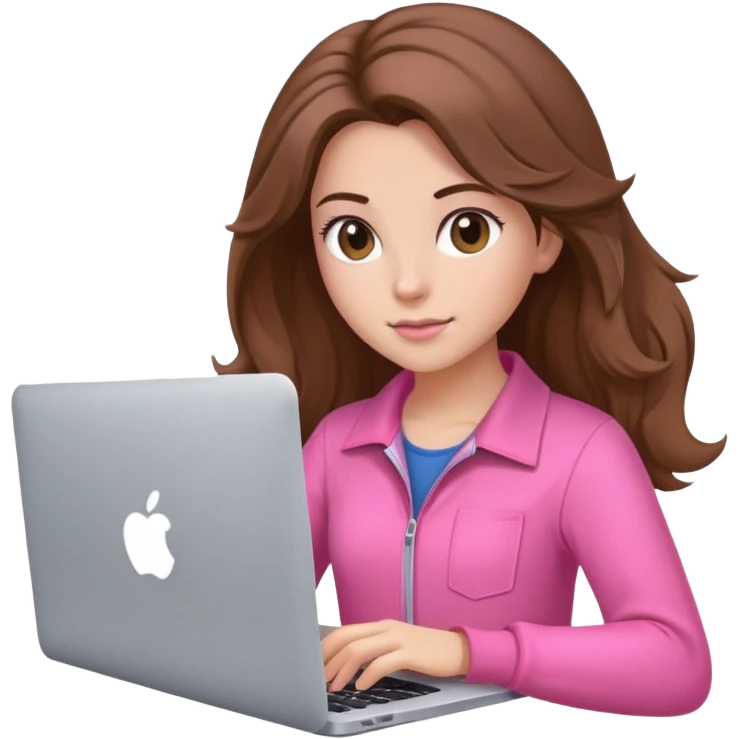 Beautiful programmer girl with brown blowout hair and pink clothes working with MacBook emoji