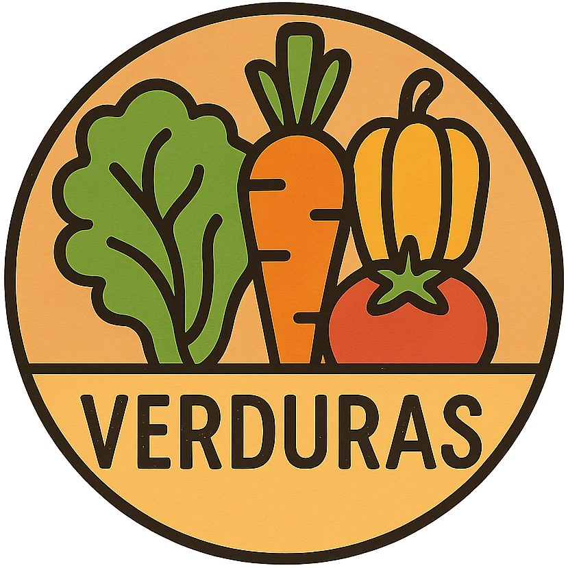 the word VERDURAS in a circular badge design with assorted vegetable motifs and earthy tones, produce label emoji
