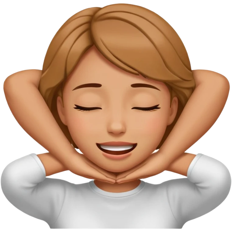 A girl with their hands around their neck choking themselves with their eyes closed and an upside down smile emoji
