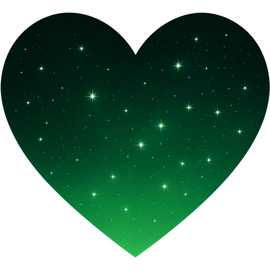 Modify the heart with a night sky gradient to a green night theme with a green gradient, more stars, and a soft glow. Remove the background entirely  emoji