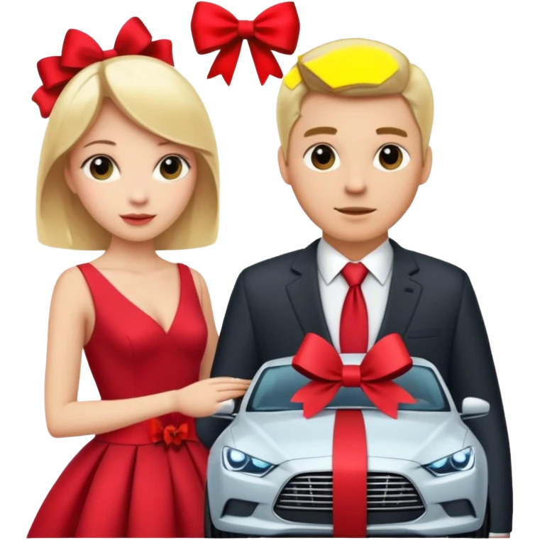 "Emoji of a young sexy  blonde woman receiving a new car with a big red bow as a gift from a man dressed as a businessman in a suit." emoji