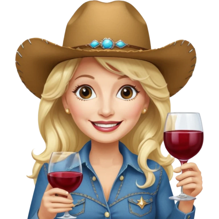 Dolly Parton with a huge glass of wine on a bachelorette trip and a cowboy hat emoji