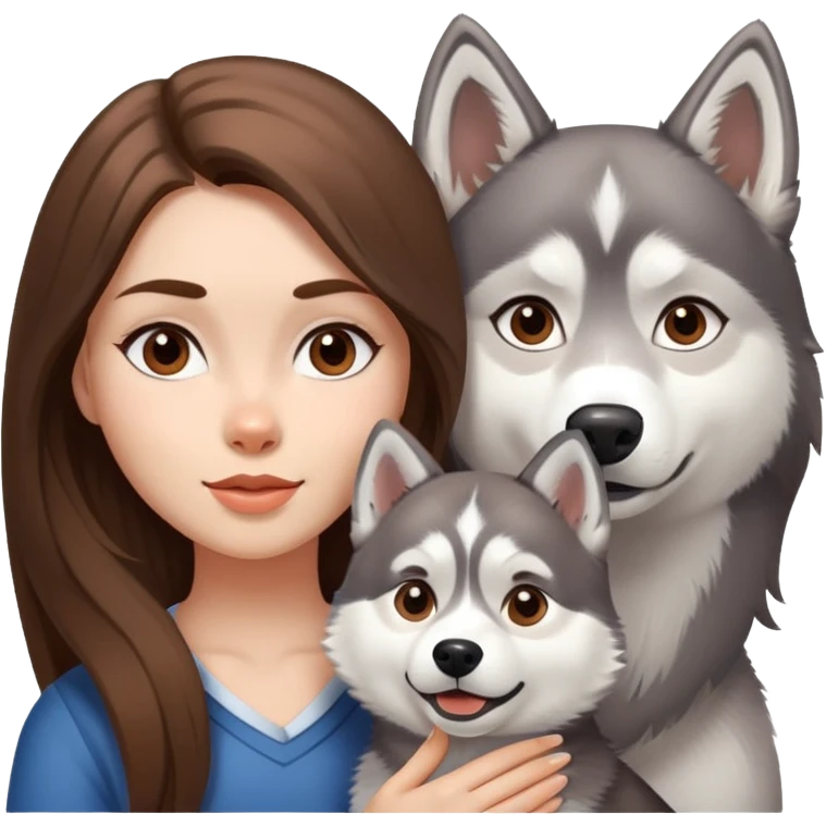 Girl with Brown long hair with a husky white and Just Little grey  emoji