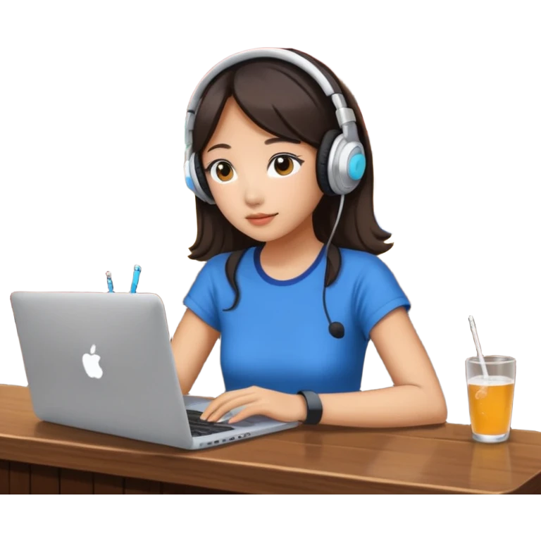 A Korean girl at a dive bar with a laptop and headphones watchin a korean drama emoji