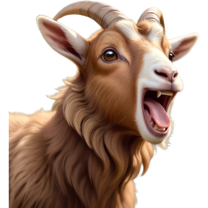 Cinematic Cute Yawning Brown Goat Portrait Emoji, Head tilted slightly with a dramatic, wide-open yawn, showcasing a soft, downy brown fur with delicate horns and gently drooping ears, round eyes barely open in drowsy contentment, Simplified yet irresistibly adorable features, highly detailed, glowing with a soft, cozy glow, high shine, relaxed yet expressive, stylized with a touch of rustic whimsy, bright and endearing, soft glowing outline, capturing the essence of a sleepy yet affectionate goat, so drowsy it feels like it could stretch out of the screen and curl up for a nap! emoji