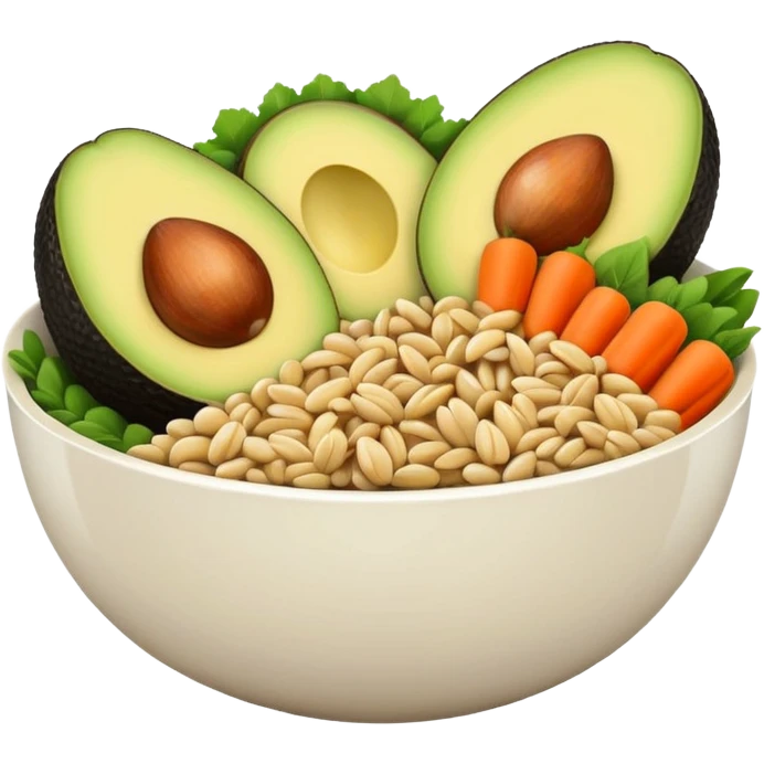 Minimalistic flat vector icon, iOS style, thin black contour on white background. Bowl with vegetables, grains, and avocado slices inside. Clean, no text, no shadows emoji