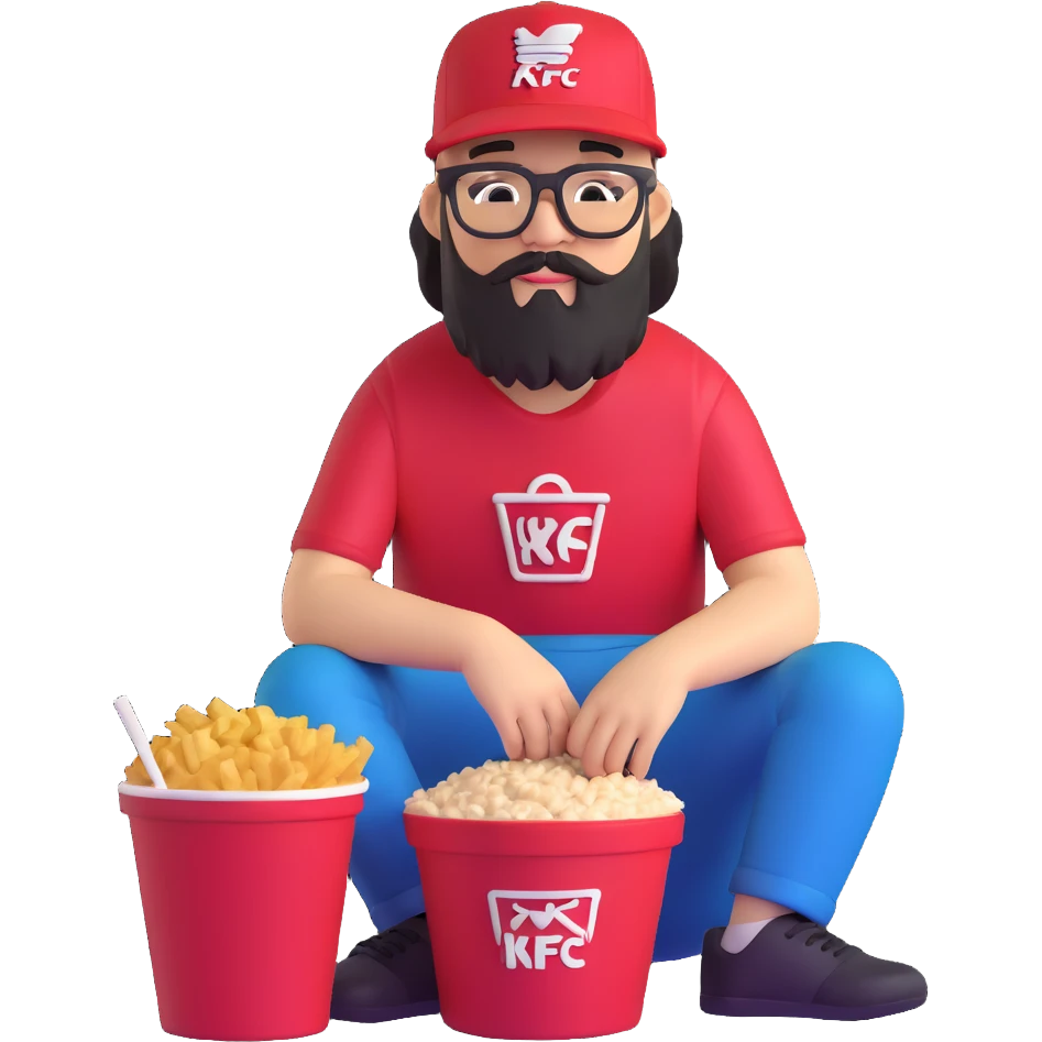 BBNO$ rapper sitting in a KFC bucket, glasses, beard, snapback cap emoji