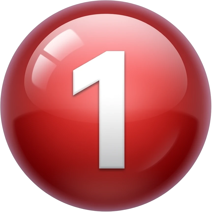 Glossy 3D sphere emoji, "1" bold white text centered, gradient from light red to dark red, glass reflection highlight, bubble style icon emoji