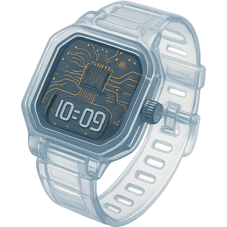 A digital watch with see-through casing showing gears, circuit boards and detailed inner mechanisms emoji