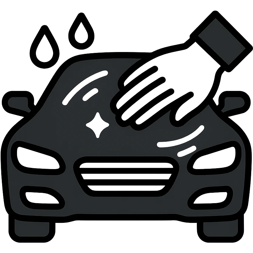 elegant hand with white or black glove on the hood of a high-end car, water drops or shine, main color black with silver or white details, smooth motion lines suggesting cleaning, modern and clean icon emoji