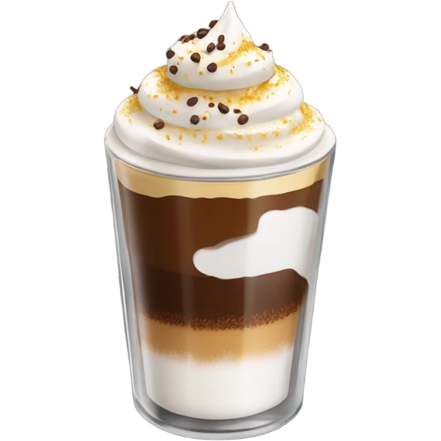 Shot glass, liquid inside is divide in two, yellow at the bottom an coffee on top covered whit a nice spry cream an chocolate powder emoji