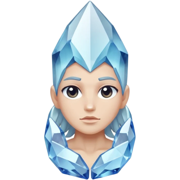 A single crystal character inspired by a clear quartz cluster, chunky base with many tall transparent crystal spikes growing upward all around it with a face emoji