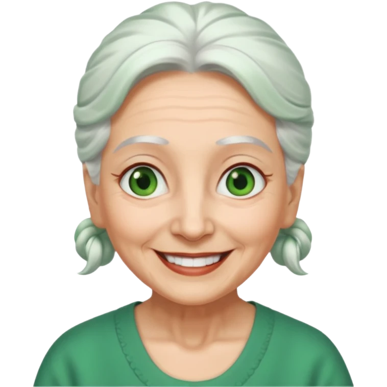 abuela con ojos verdes, pelo blanco, pelo blanco y amarrado, aspecto feliz, pelo blanco, no verde, solo verde los ojos emoji
