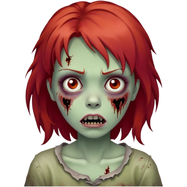 girl, zombie, red hair, medium longk, shaggy, dark, spooky, creepy expression emoji
