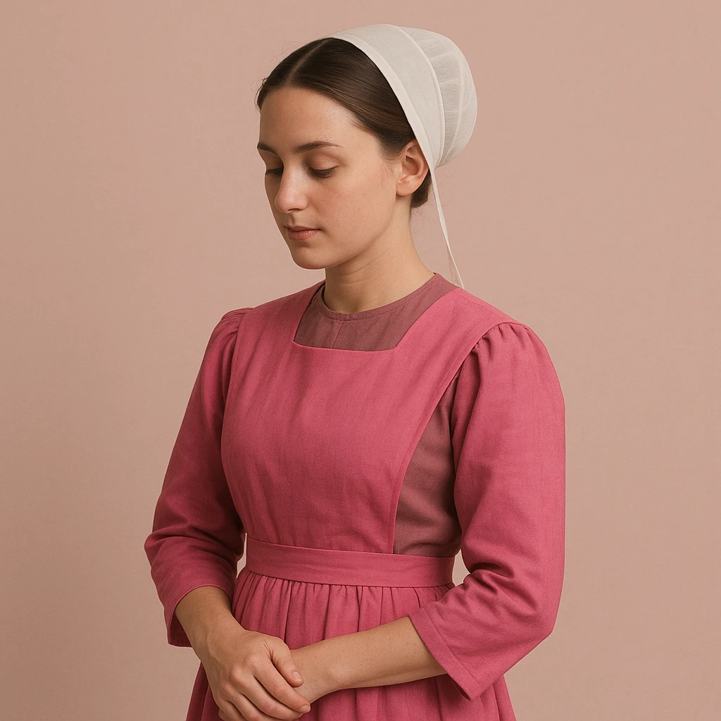 Amish woman in traditional dress, pink color scheme, simple background emoji