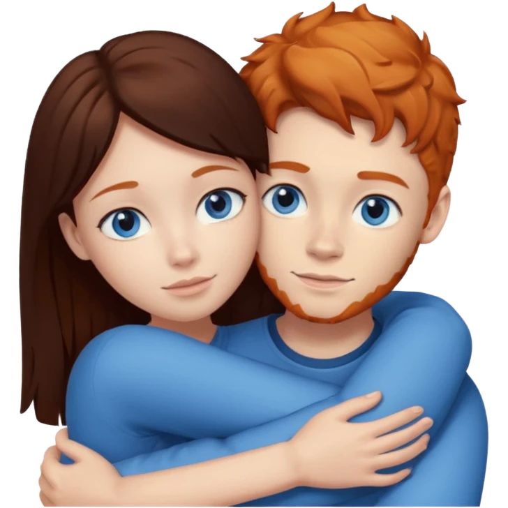 Ginger boy hugging girl with very dark brown hair. Both have blue eyes.  emoji