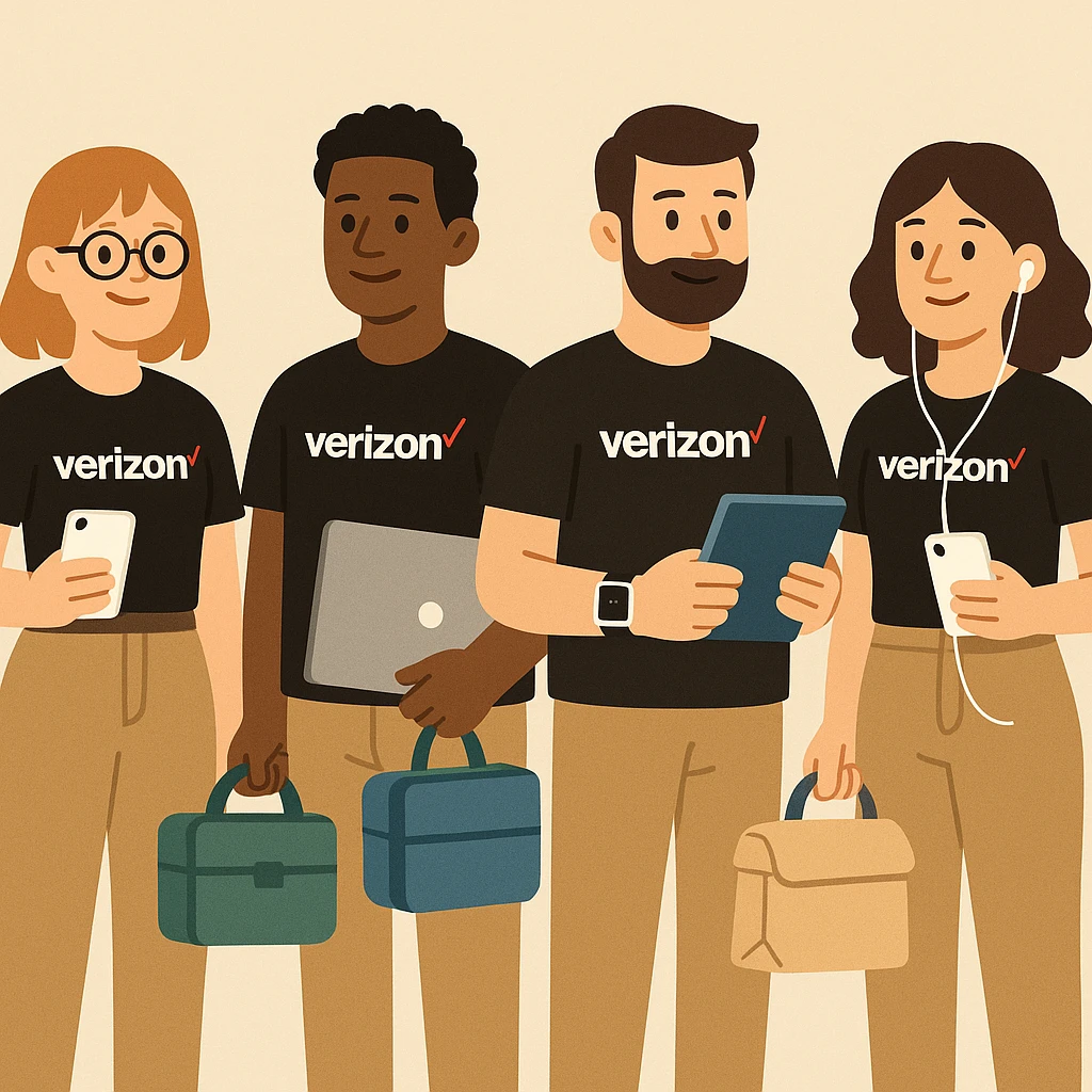 flat toon style Verizon team with visible perks, like lunch boxes and gadgets emoji