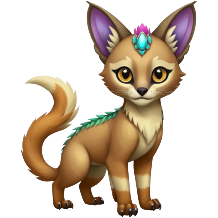 Colorful dark tropical tribal glorious iridescent divine exotic cute cool beautiful beautiful fantasy-caracal-civet-genet-sergal-vernid-Gryphon-Cacomistle-Trico-oncilla-animal-Fakémon-hybrid-fursona (full body) emoji