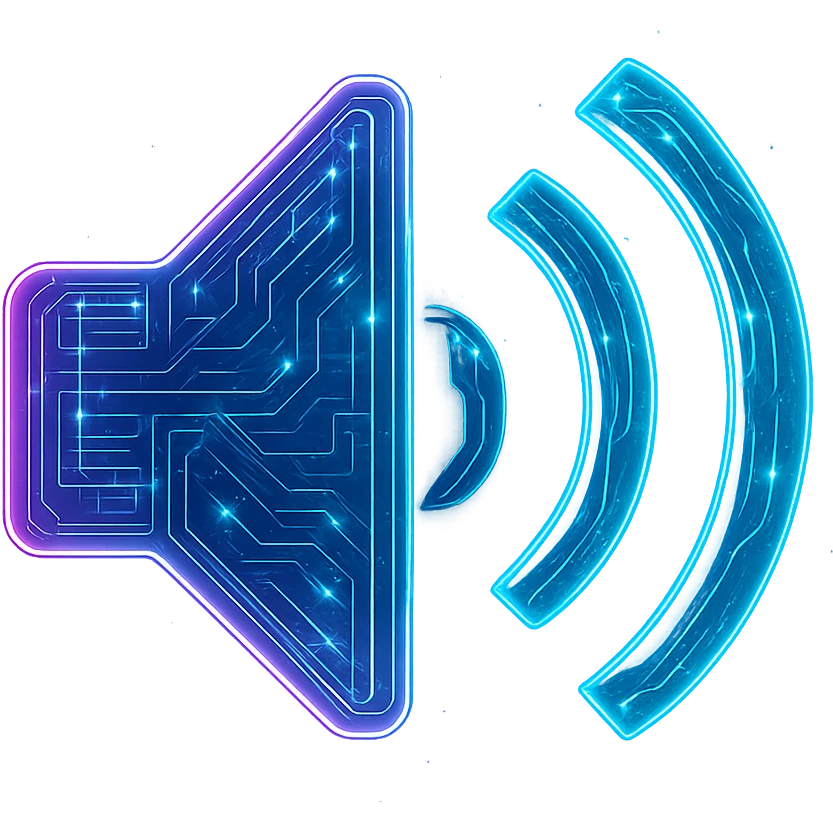 Transform the sound icon into a cyberpunk, holographic style with glowing neon blue and pink edges, circuit patterns throughout the entire icon, and a transparent background. Maintain the recognizable speaker and sound wave shapes, overlaying neon and circuit effects in the same futuristic, clean style as the previous cyberpunk icons. The whole icon should have a consistent cyberpunk glow and intricate circuit details. emoji
