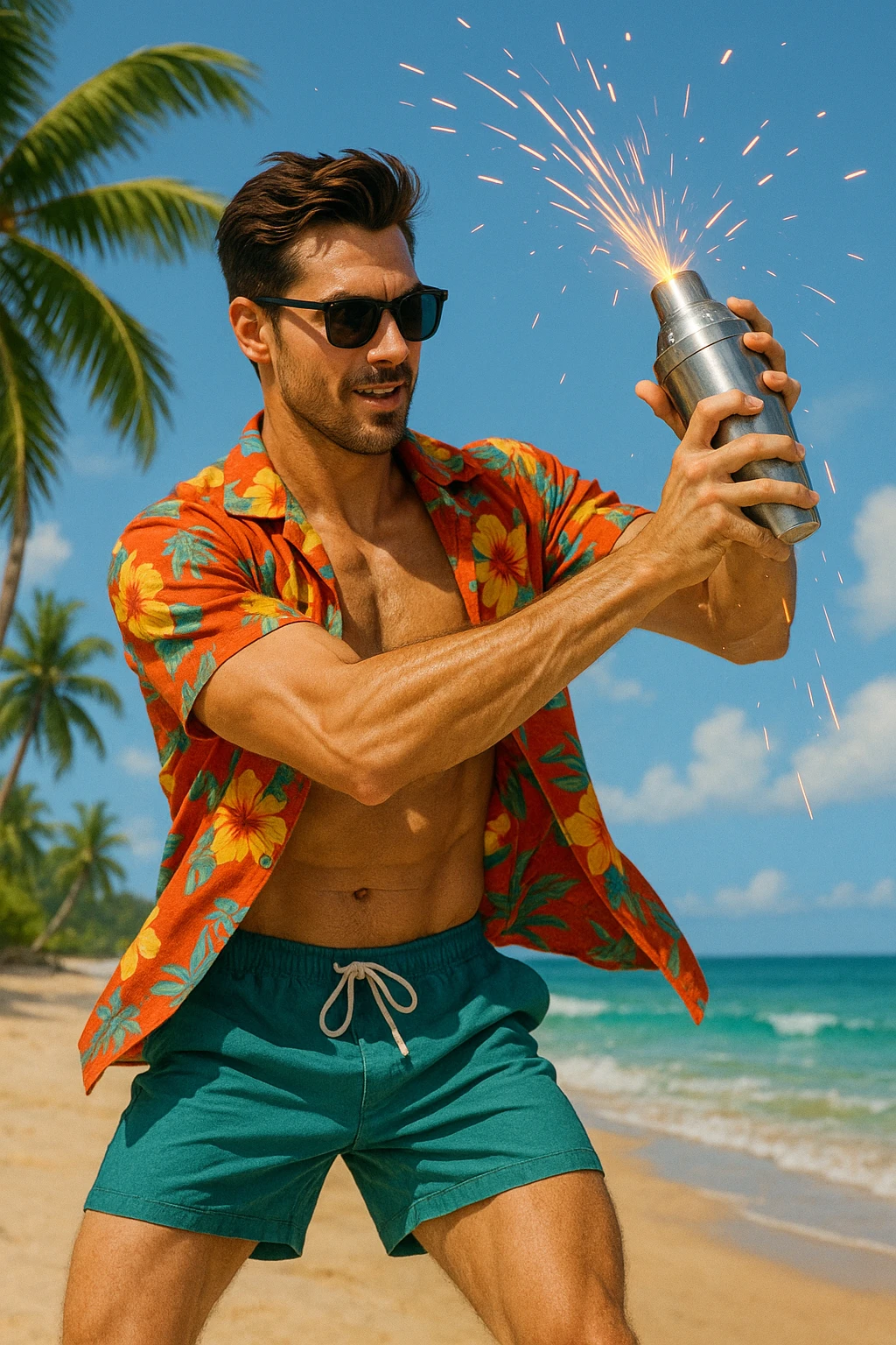 human male Unbuttoned Hawaiian shirt, swim trunks, shaking a cocktail shaker (sparks flying) emoji