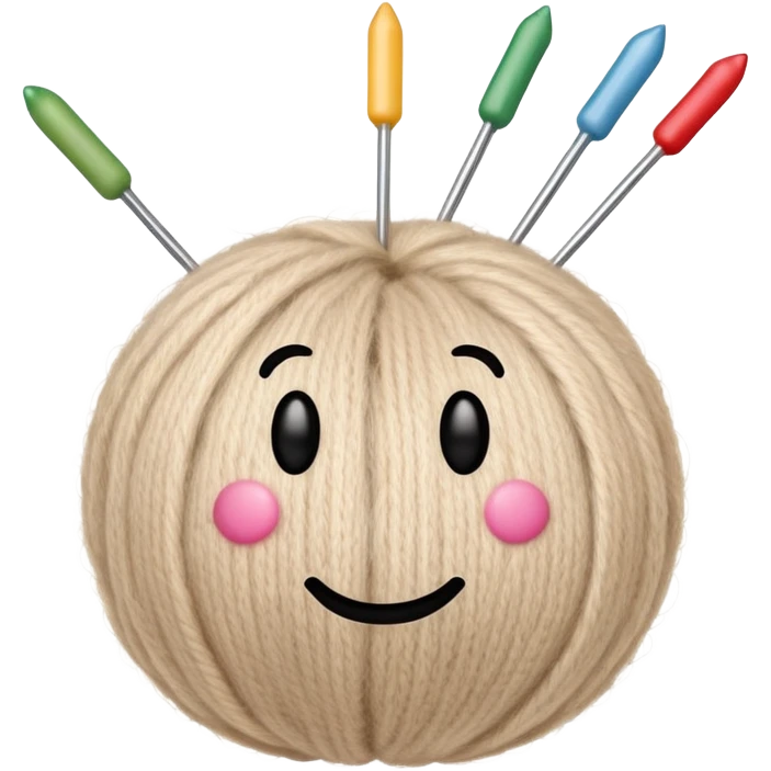 ball of beige mohair wool with knitting needles, needles have iOS smiley faces emoji