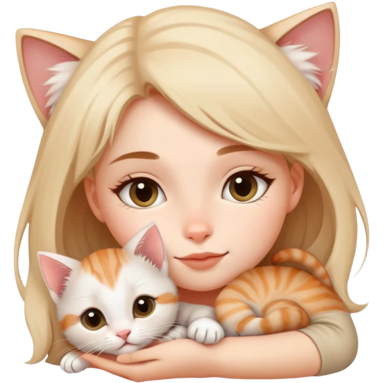 l. A tiny kitten lies on a girl's head, purring softly, making a sweet sight. emoji