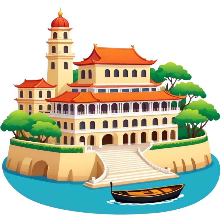 Gulangyu Island Xiamen with colonial buildings, simplified emoji style with bold outlines and bright colors, cartoon style island with piano shape emoji