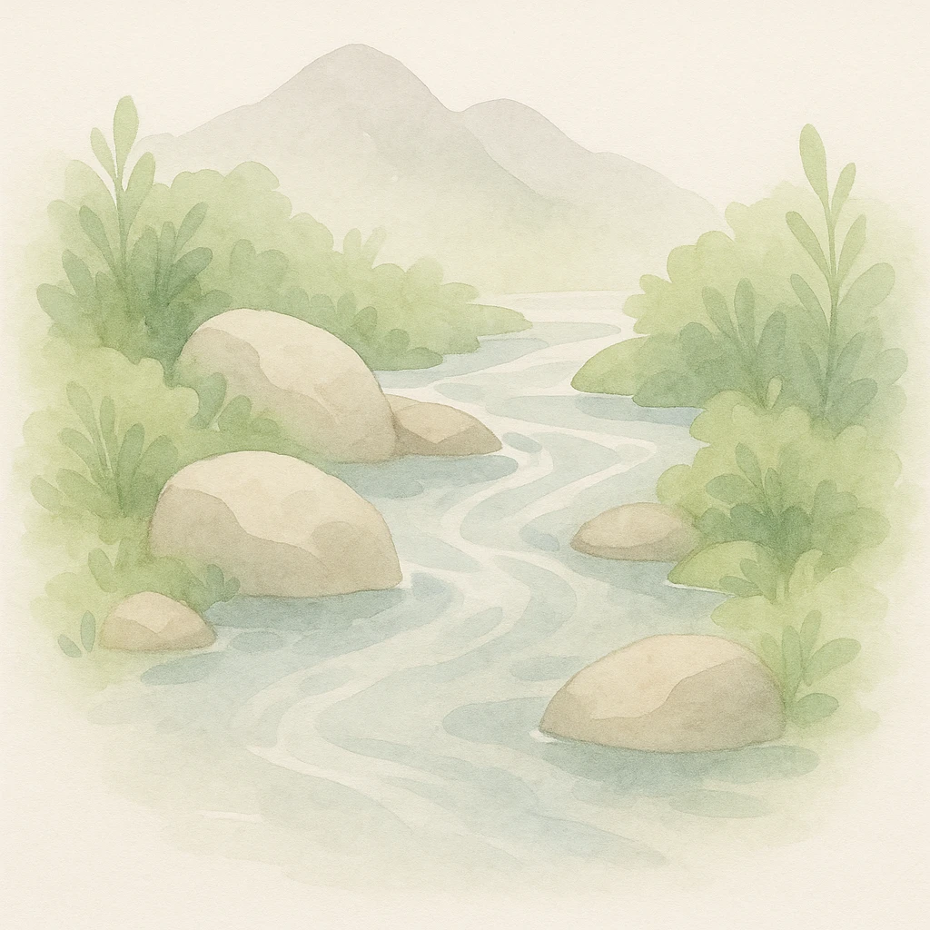 soft watercolor illustration in a minimalist modern style of a natural mountain stream flowing over rocks, surrounded by lush green vegetation, crystal clear water, pastel colors, delicate linework, gentle whimsical mood, minimal soft shading emoji