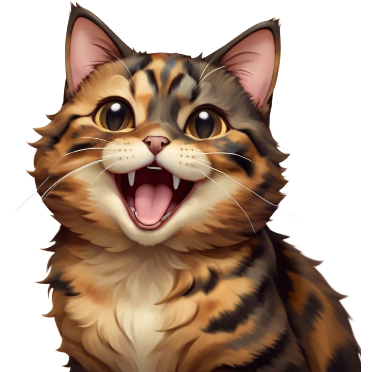 Cinematic Cute Yawning Tortoiseshell Cat Portrait Emoji, Head slightly tilted with a wide, adorable yawn and half-closed, dreamy eyes, featuring a warm, mottled fur of rich browns and blacks, simplified yet irresistibly cute, highly detailed, glowing with a soft, slumbering radiance, high shine, exuding a relaxed, drowsy charm, styled with a gentle, soft glowing outline, capturing the essence of a tortoiseshell cat in a precious moment of sleepy delight! emoji
