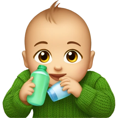 a 2 month old baby with a green sweater and brown eyes drinks his bottle emoji